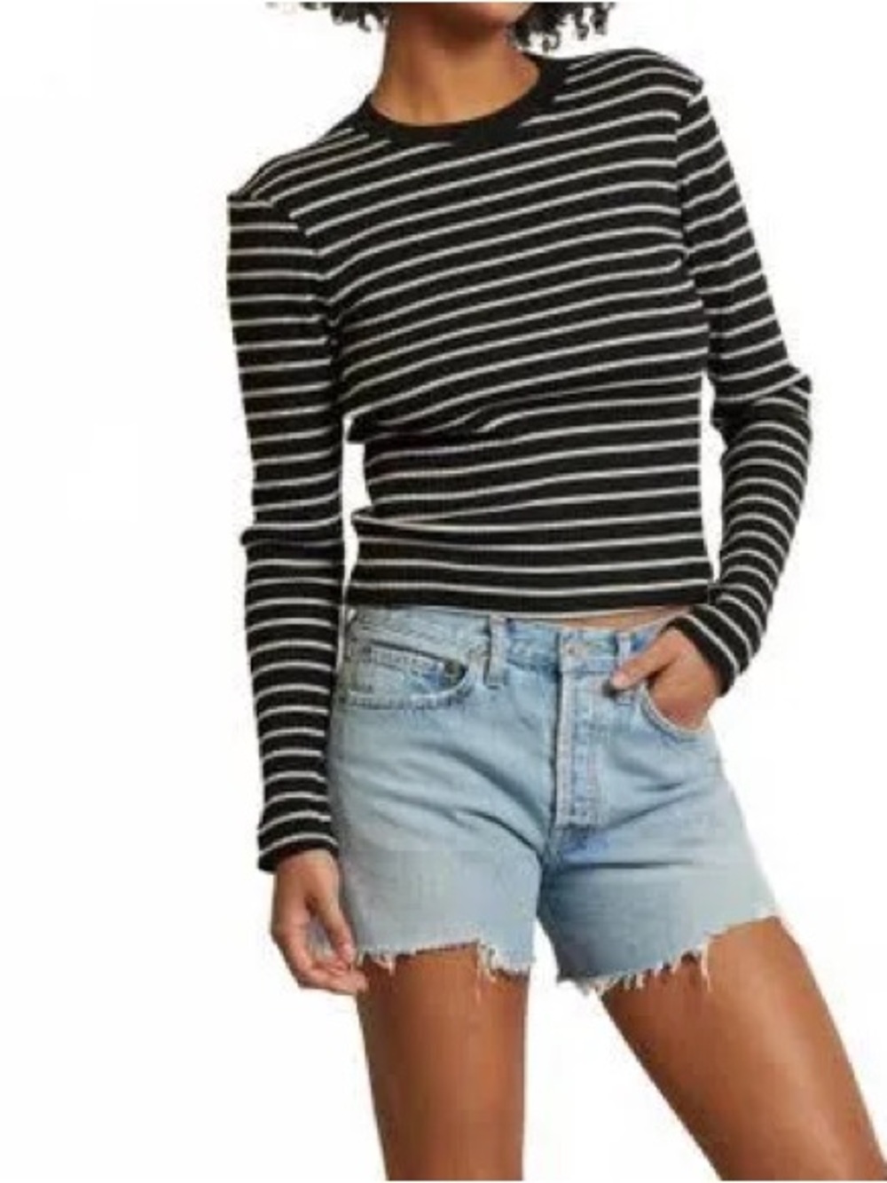 Perfectwhitetee Clyde Long Sleeve Baby Tee Ribbed Striped Black White Size Small